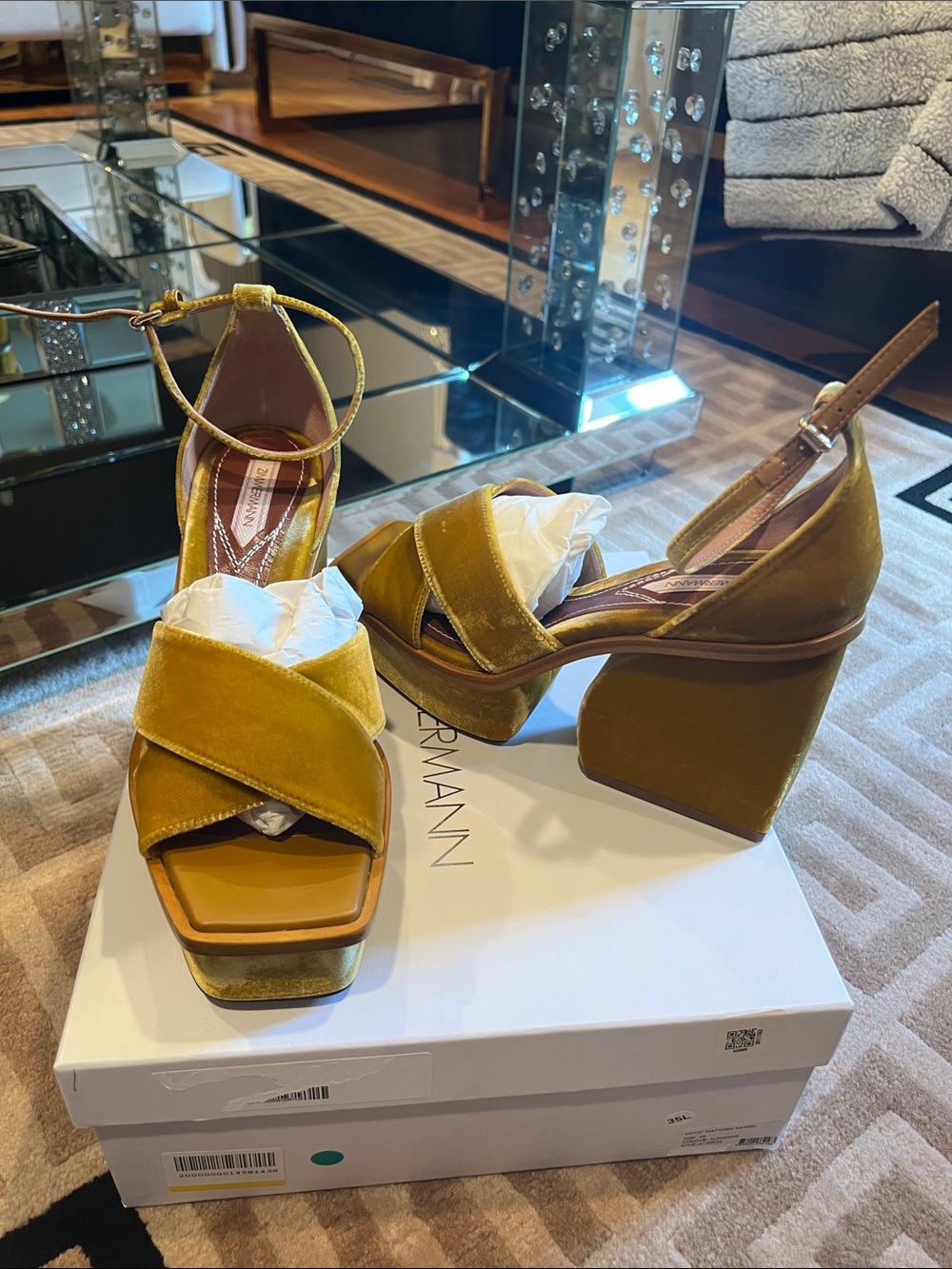 Zimmerman Mustard Velvet Platform Ankle-Strap Sandals